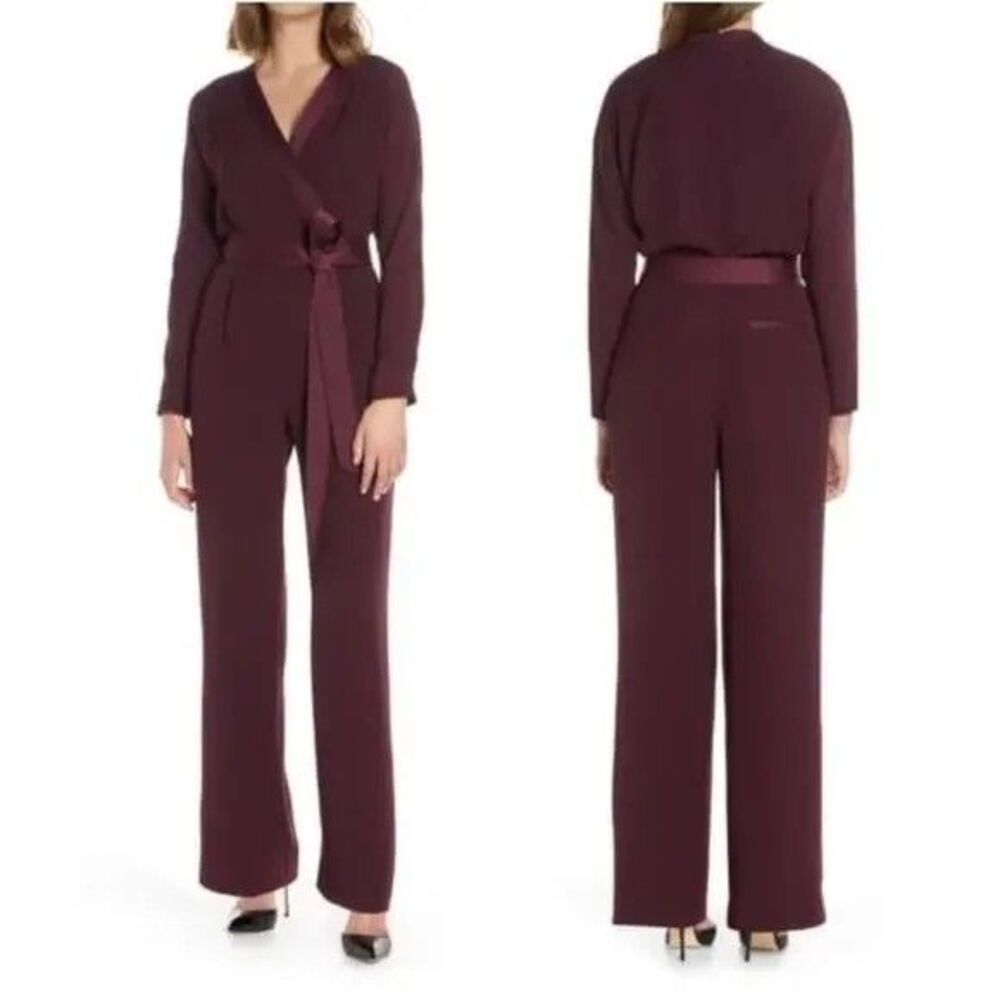 Eliza J Plus Jumpsuit Long Sleeve Belted Faux Wrap Sophisticated Purple Size 16W